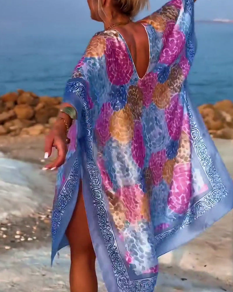 Vestido de playa para mujer con mangas murciélago y estampado colorido