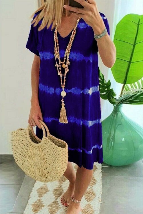 Vestido camiseta poliéster tie-dye con cuello en V veraniego