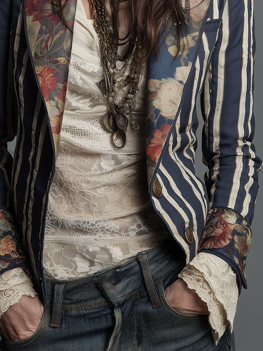Blazer mujer bohemio con rayas y estampado floral