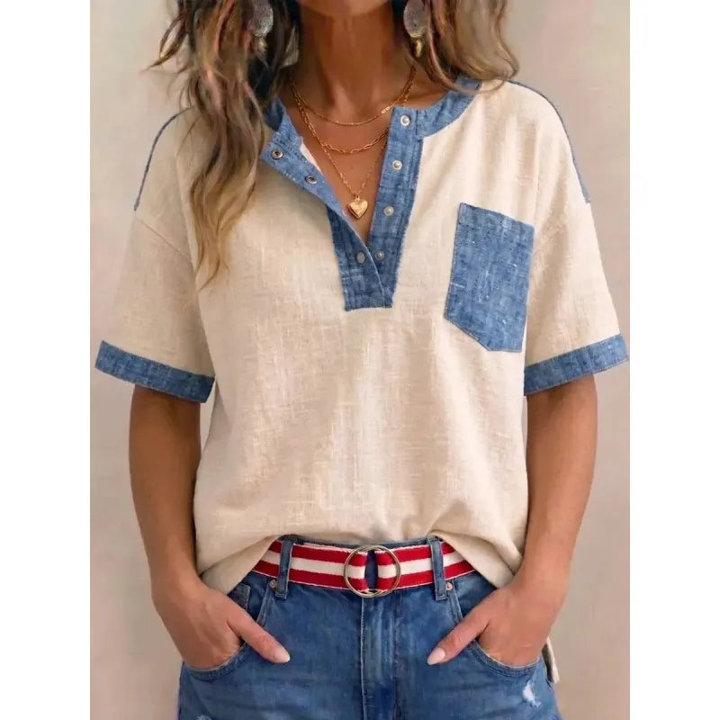 Top de mujer de algodón con escote en V y detalles en denim