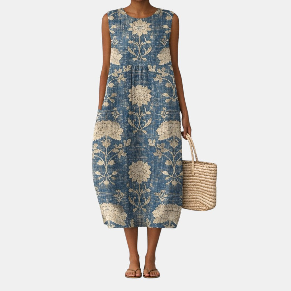 Vestido midi mujer algodón viscosa floral sin mangas casual