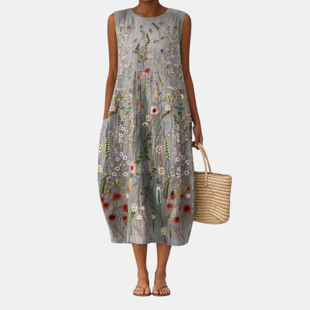 Vestido midi mujer viscosa floral sin mangas para verano