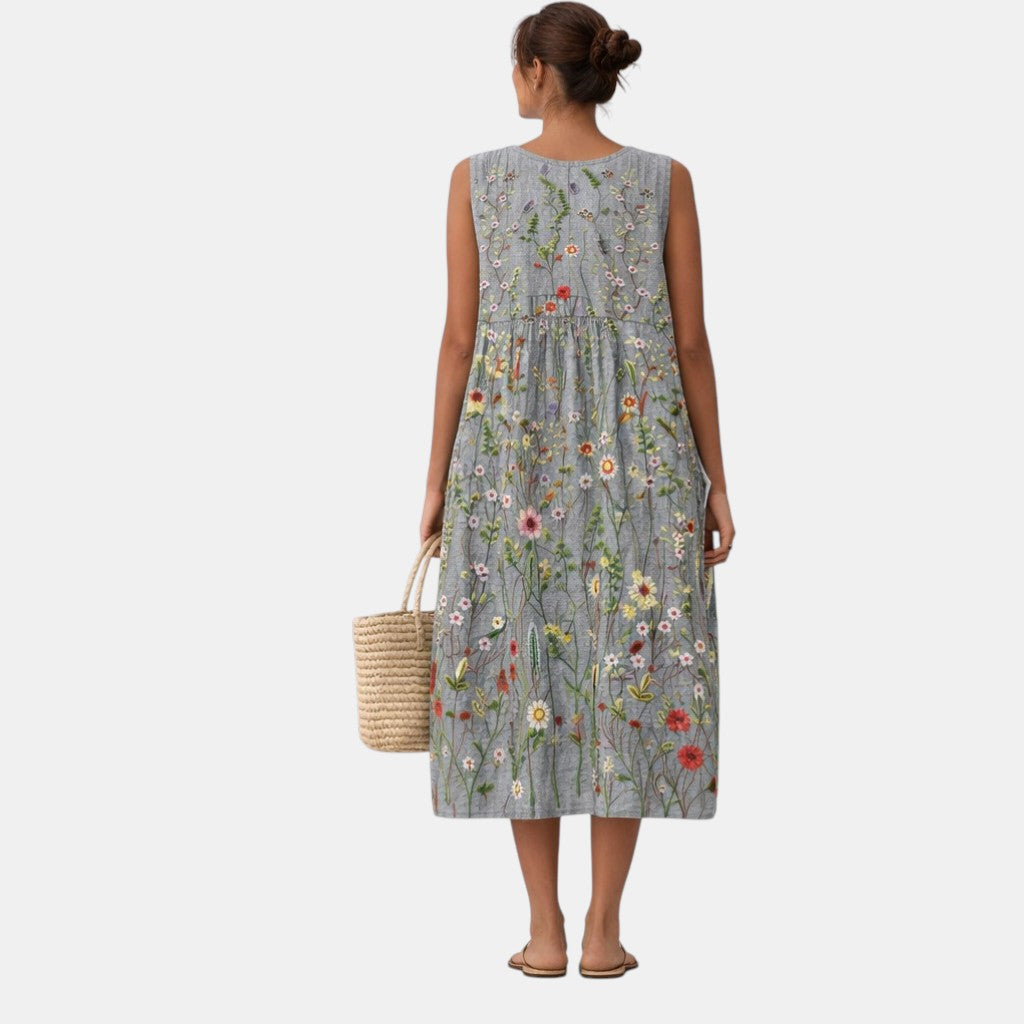 Vestido midi mujer algodón viscosa bordado floral sin mangas