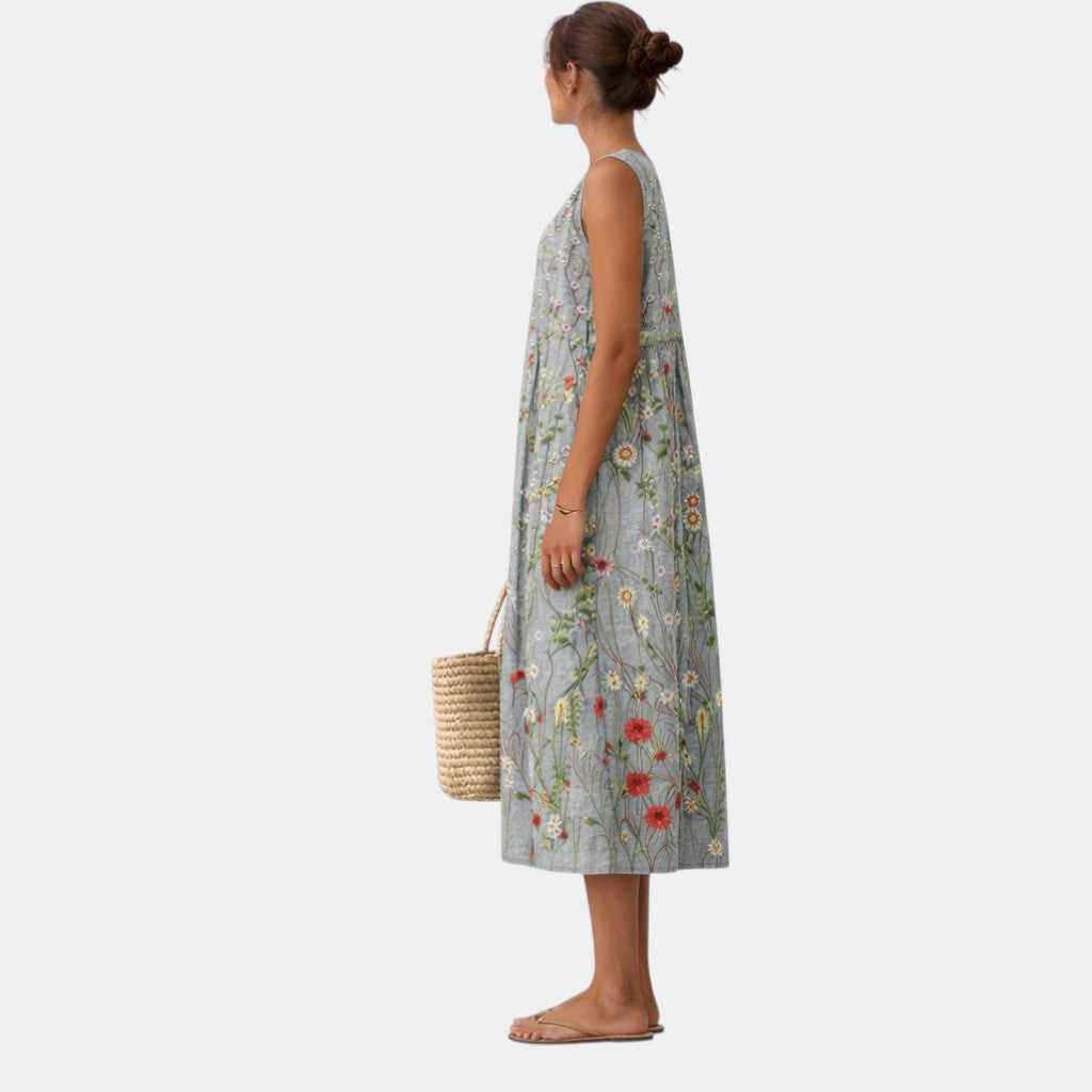 Vestido midi mujer algodón viscosa bordado floral sin mangas