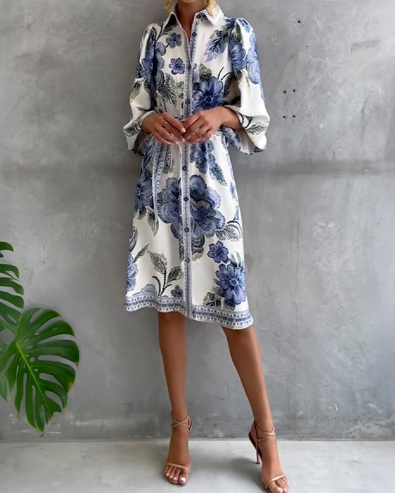 Vestido elegante de flores para mujer con mangas farol y botones