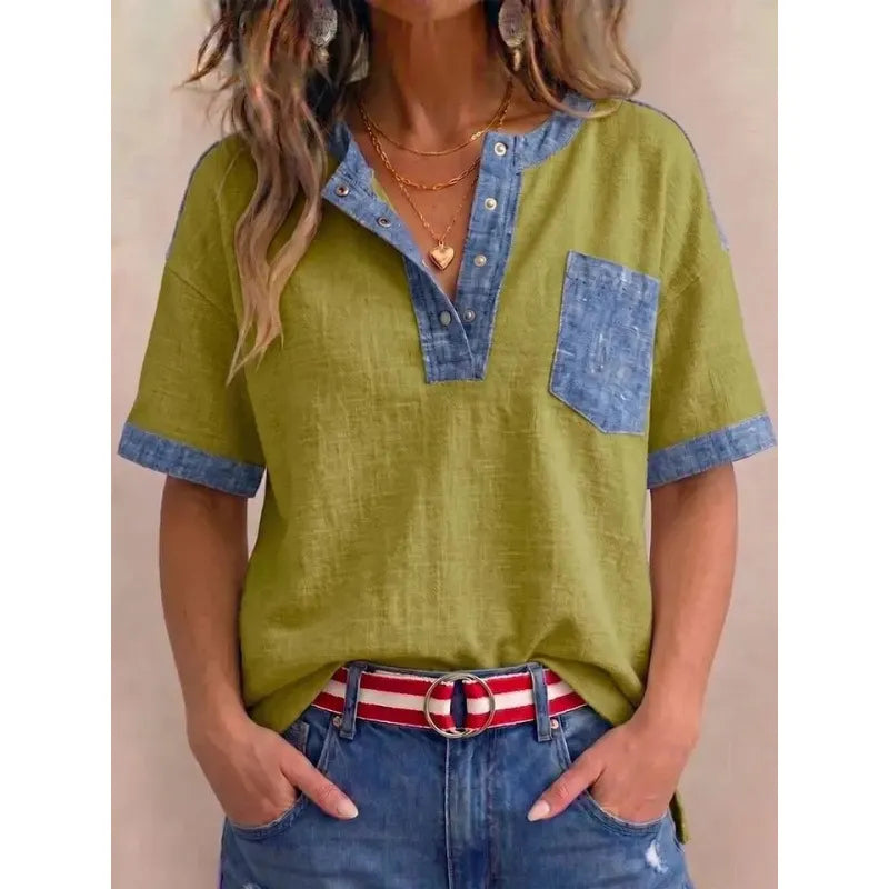 Top de mujer de algodón con escote en V y detalles en denim