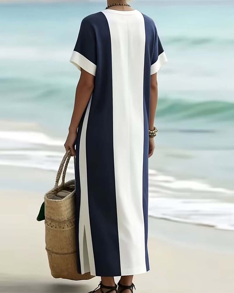 Vestido midi para mujer con rayas verticales y abertura lateral