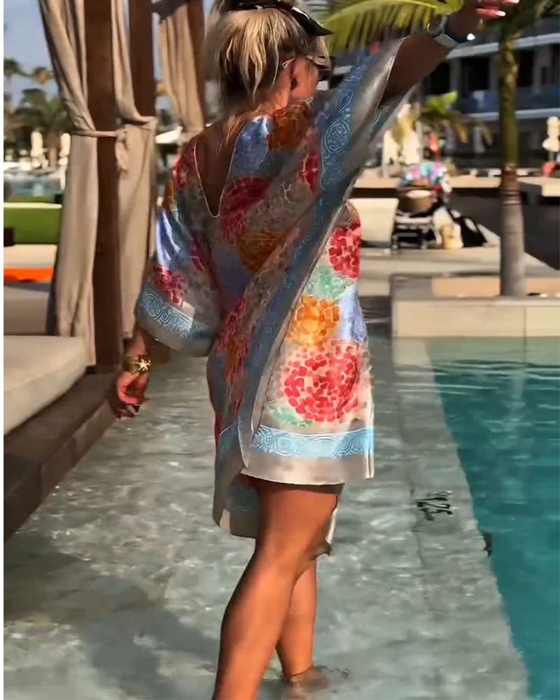 Vestido de playa para mujer con mangas murciélago y estampado colorido