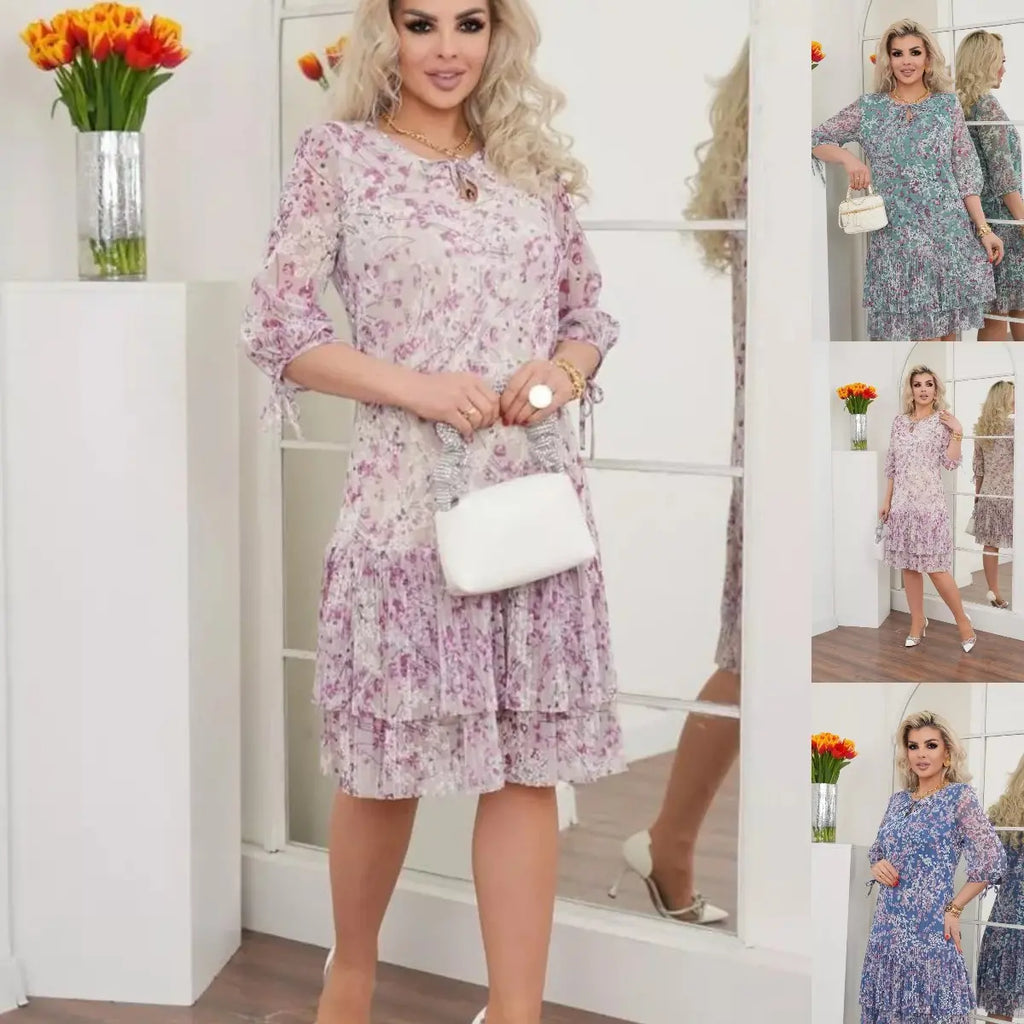 Vestido mujer floral elegante con volantes fluidos