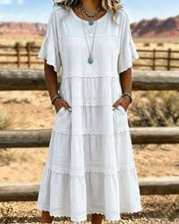Vestido midi para mujeres de algodón y lino con volantes