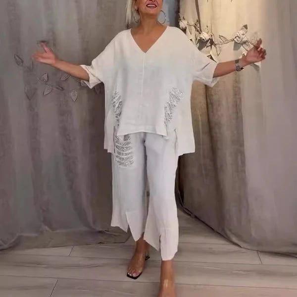 Conjunto mujer casual dos piezas escote V fluido