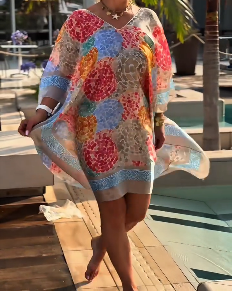 Vestido de playa para mujer con mangas murciélago y estampado colorido