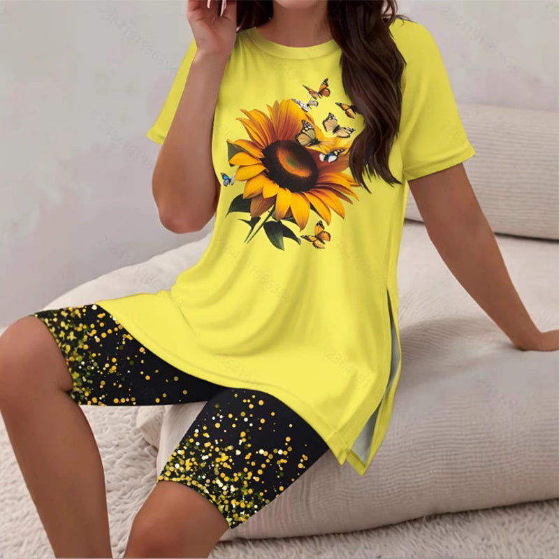 Conjunto de mujer con camiseta de girasol y pantalón corto estampado