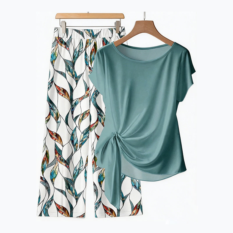 Conjunto mujer casual con top anudado y pantalón estampado