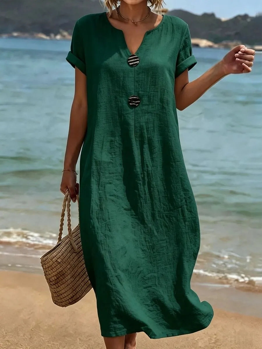 Vestido largo mujer efecto lino con botones y manga corta verano