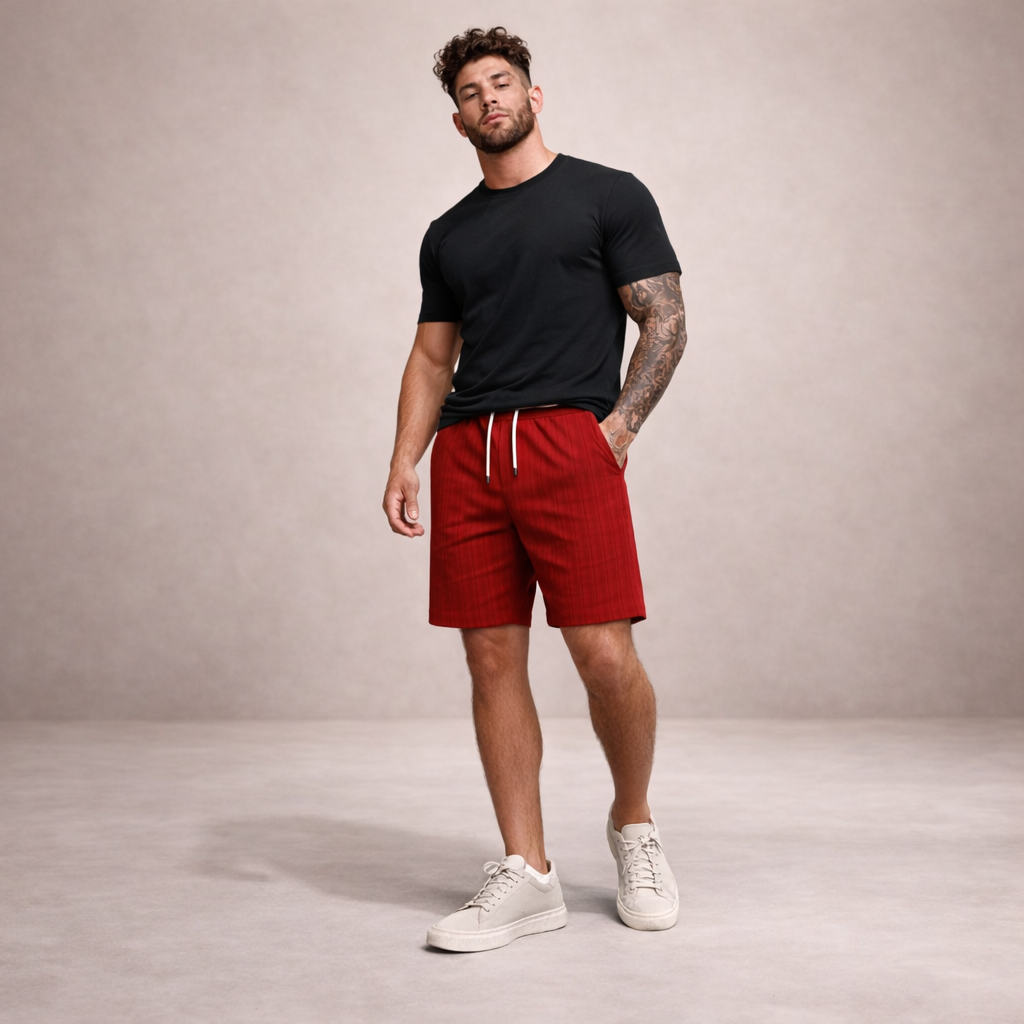 Pantalón corto lino poliéster hombre con cordón verano casual