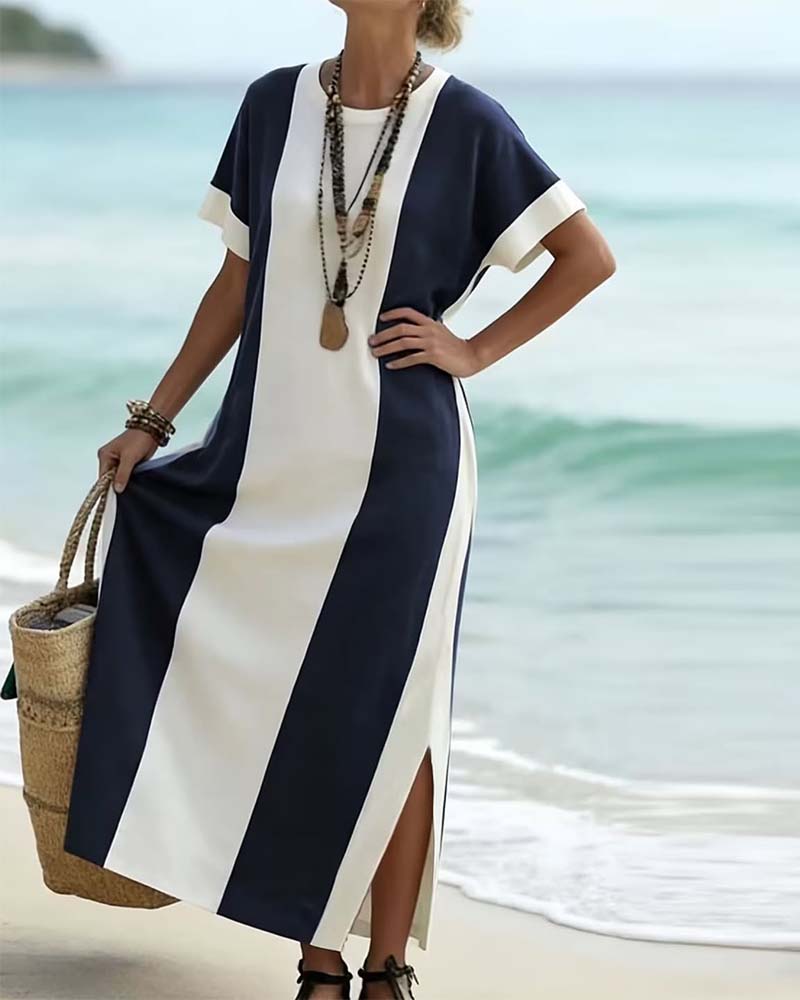 Vestido midi para mujer con rayas verticales y abertura lateral