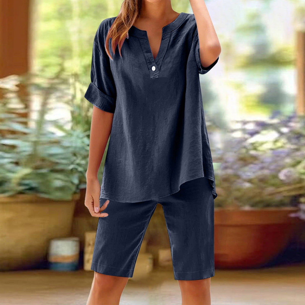 Conjunto de mujer de lino transpirable con blusa de cuello en V y pantalón corto