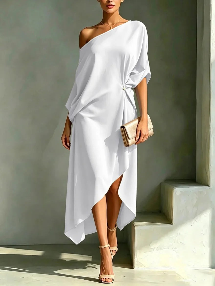 Vestido midi mujer asimétrico con hombro descubierto elegante