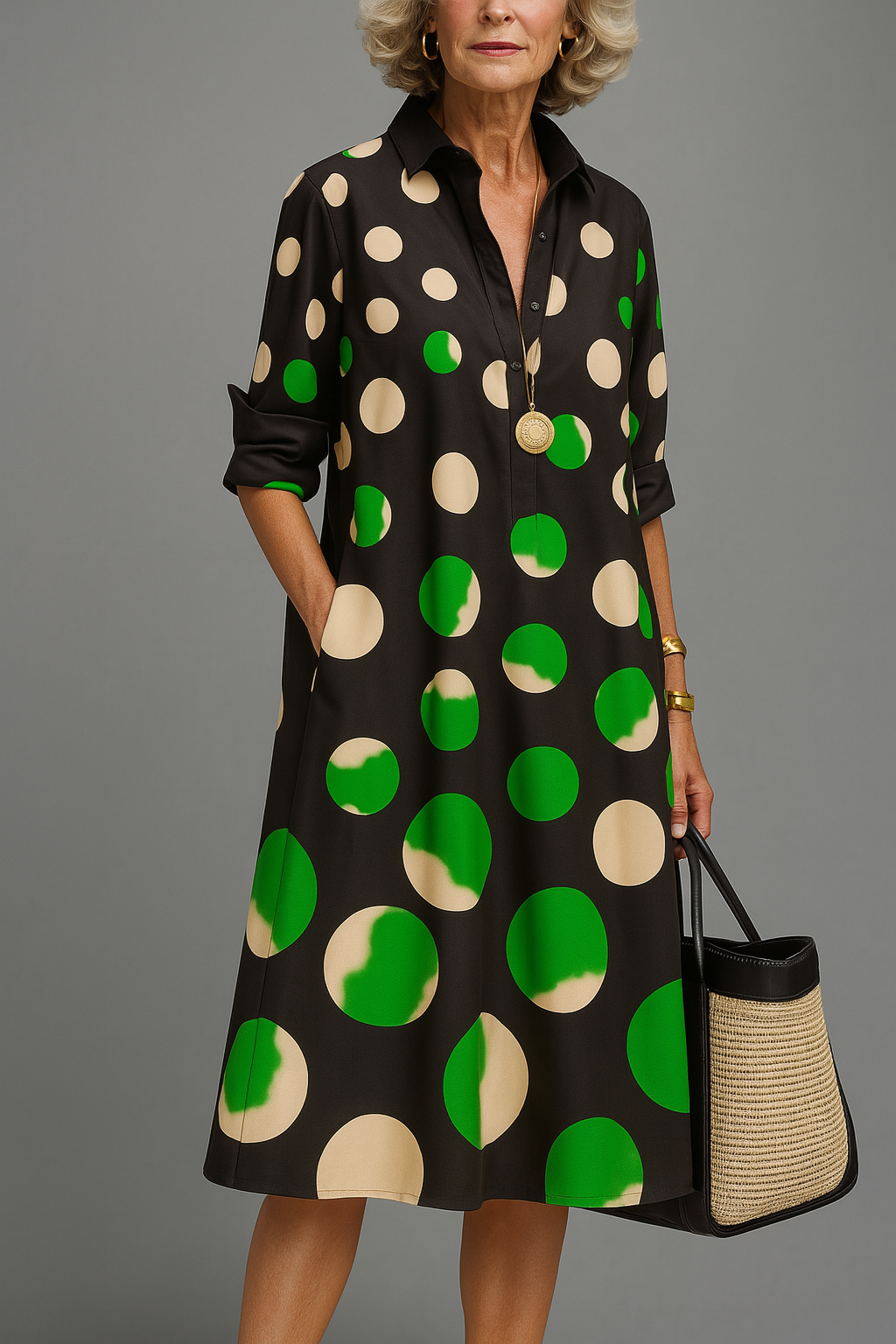 Vestido midi para mujer con estampado de lunares y corte camisero