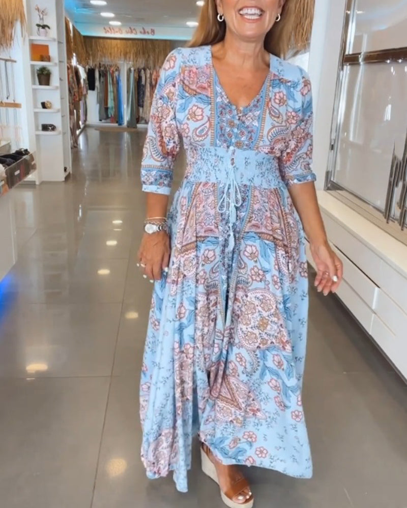Vestido maxi para mujer con estampado bohemio y cintura ajustable