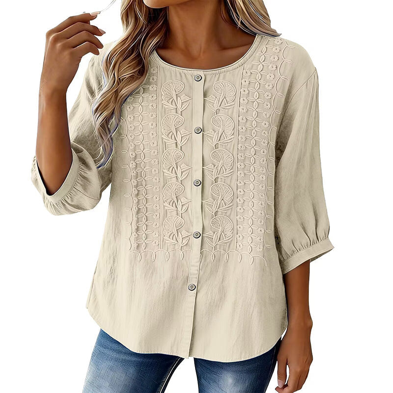 Blusa bordada para mujer de algodón y lino con mangas 3/4