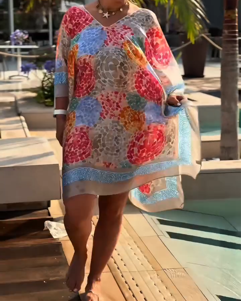 Vestido de playa para mujer con mangas murciélago y estampado colorido