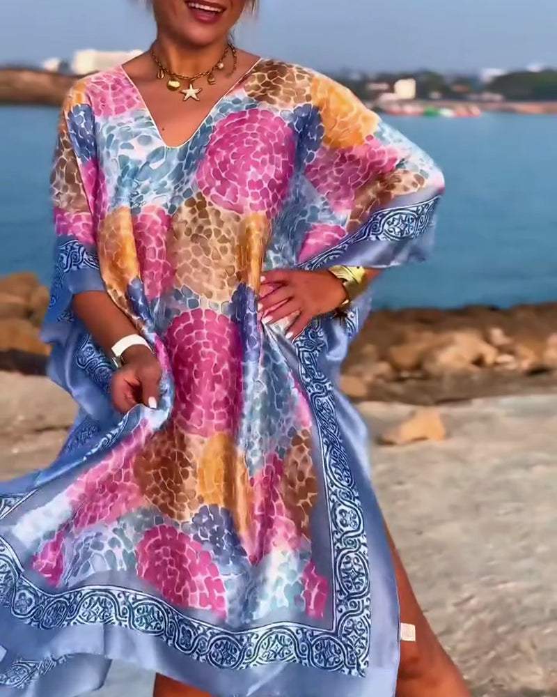 Vestido de playa para mujer con mangas murciélago y estampado colorido