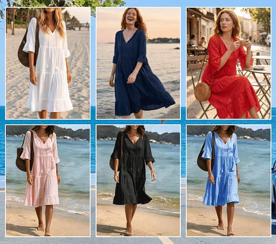 Vestido midi de algodón para mujer con escote en V y mangas acampanadas