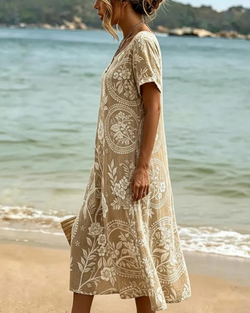 Vestido midi para mujer con estampado floral y cuello redondo