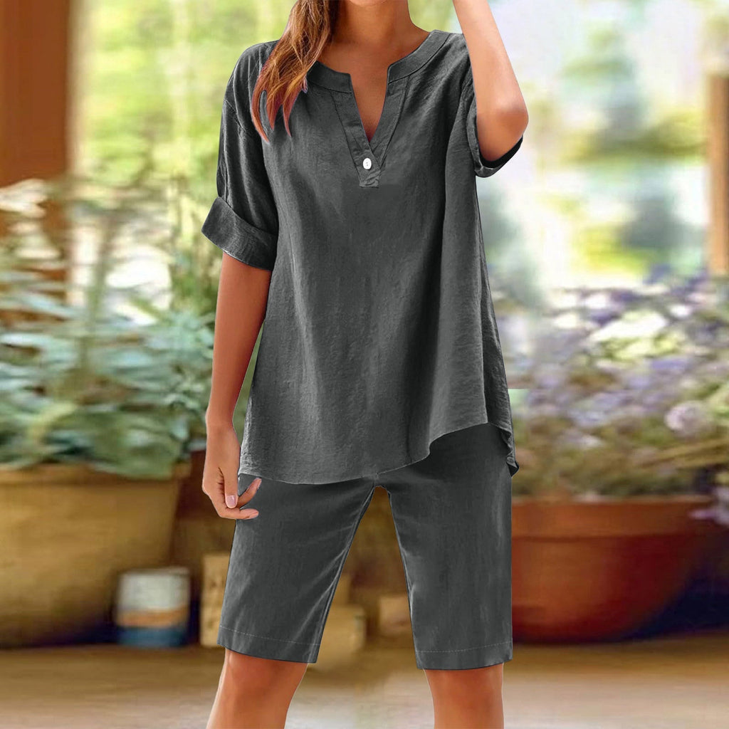 Conjunto de mujer de lino transpirable con blusa de cuello en V y pantalón corto