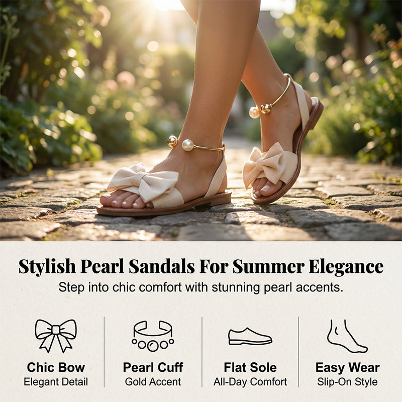 Sandalias mujer planas con lazo decorativo y detalles de perlas