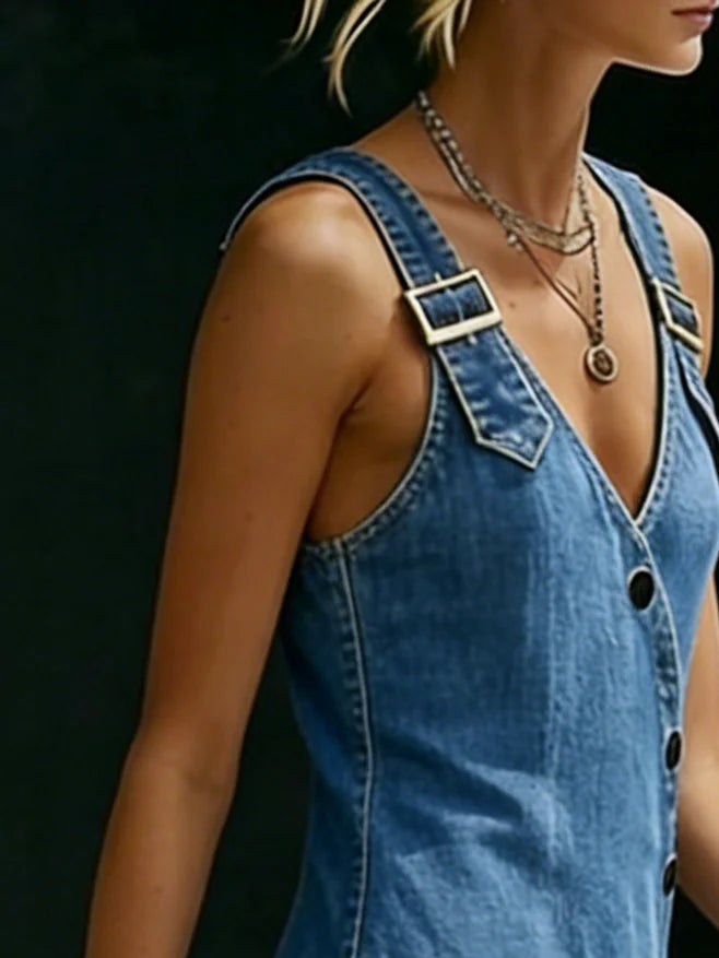 Vestido largo para mujer de denim con botones cruzados