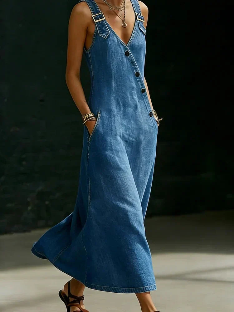 Vestido largo para mujer de denim con botones cruzados