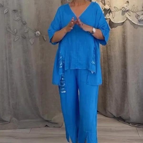 Conjunto mujer casual dos piezas escote V fluido