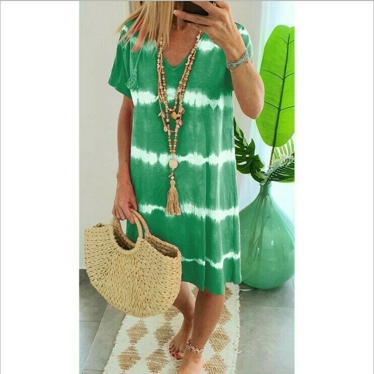 Vestido camiseta poliéster tie-dye con cuello en V veraniego
