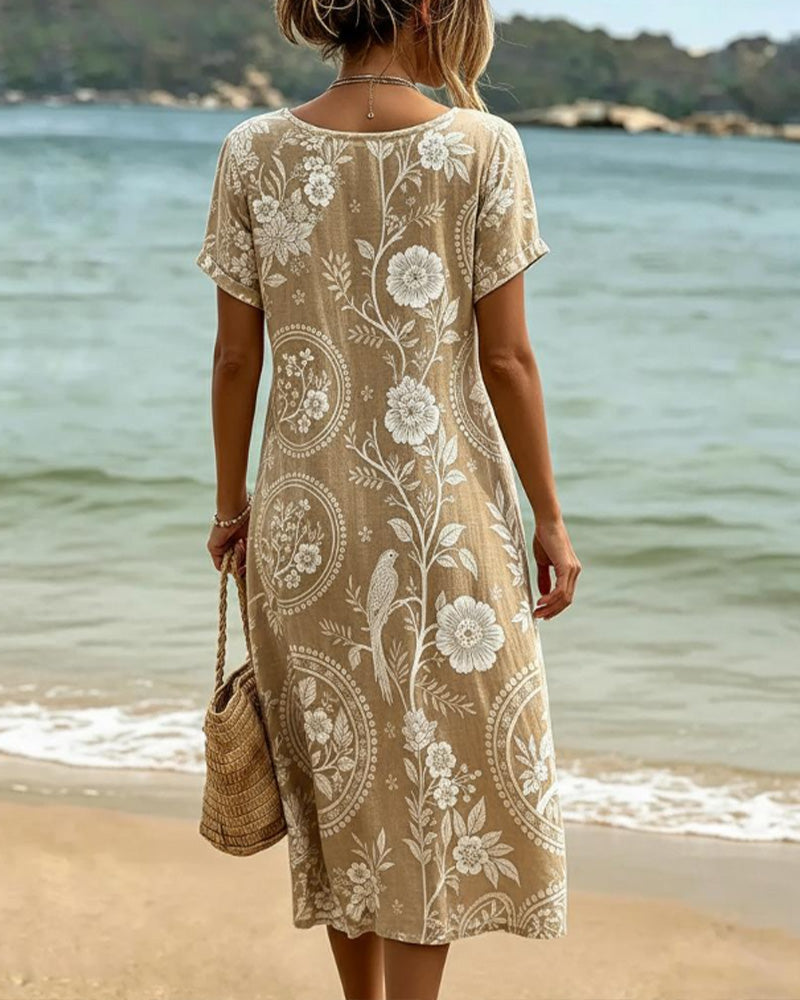 Vestido midi para mujer con estampado floral y cuello redondo