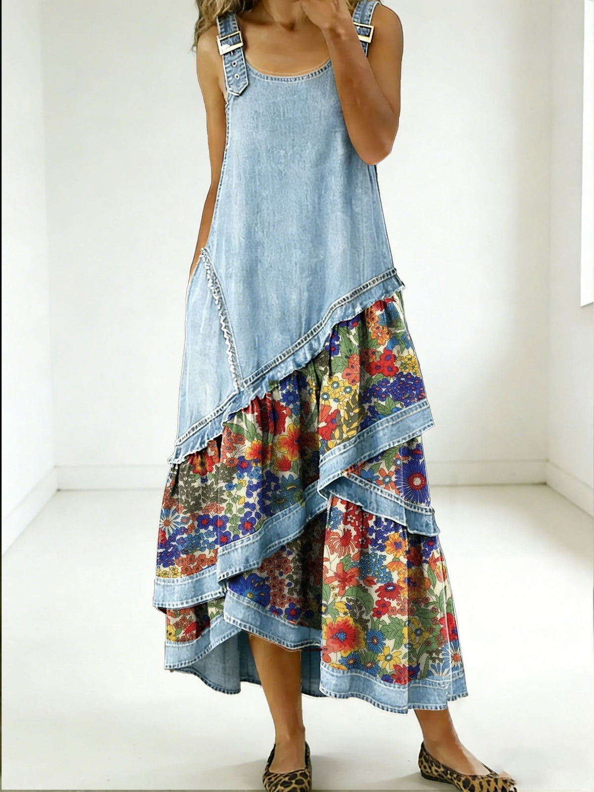 Vestido bohemio mujer con patchwork denim y estampado floral