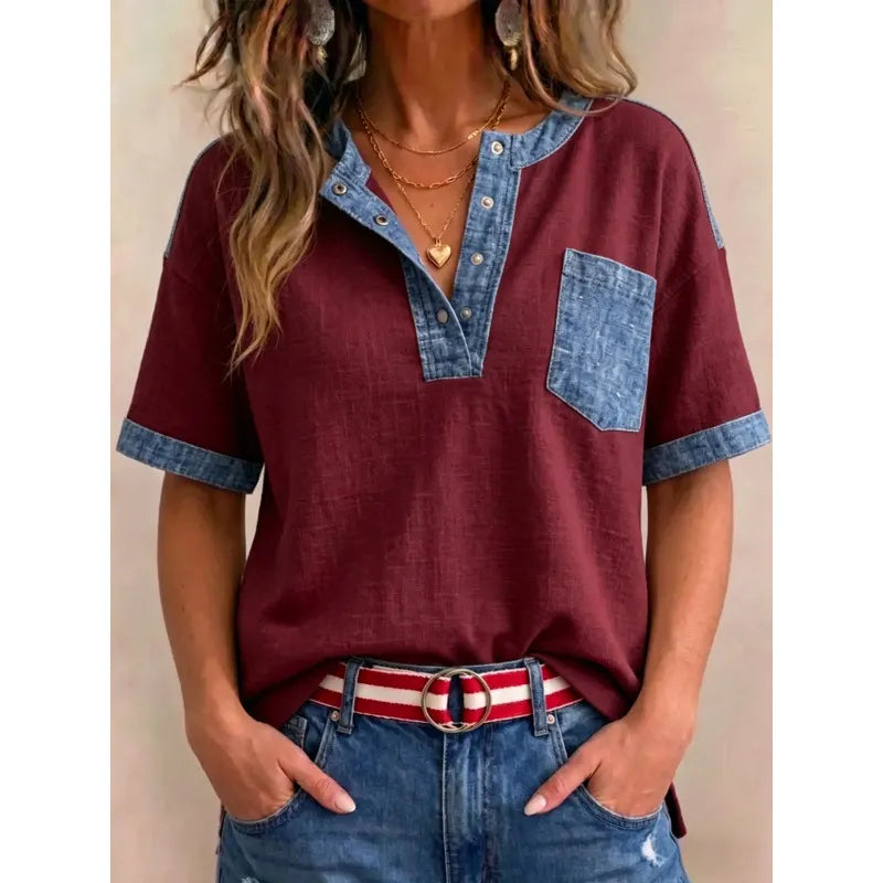 Top de mujer de algodón con escote en V y detalles en denim