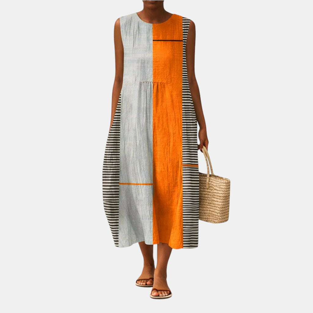 Vestido midi mujer algodón viscosa color block sin mangas