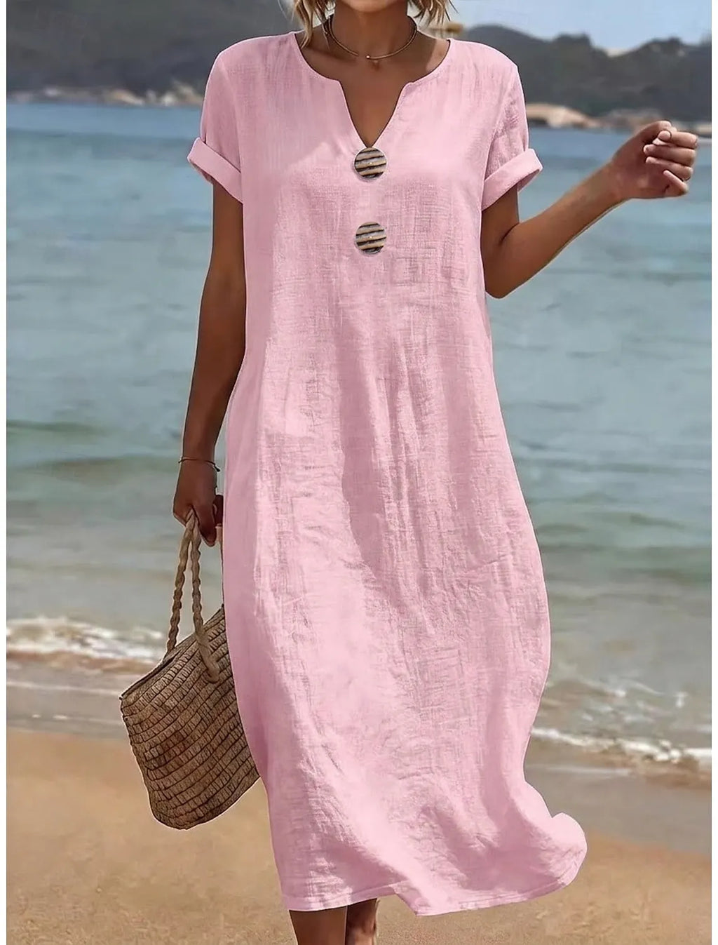 Vestido largo mujer efecto lino con botones y manga corta verano