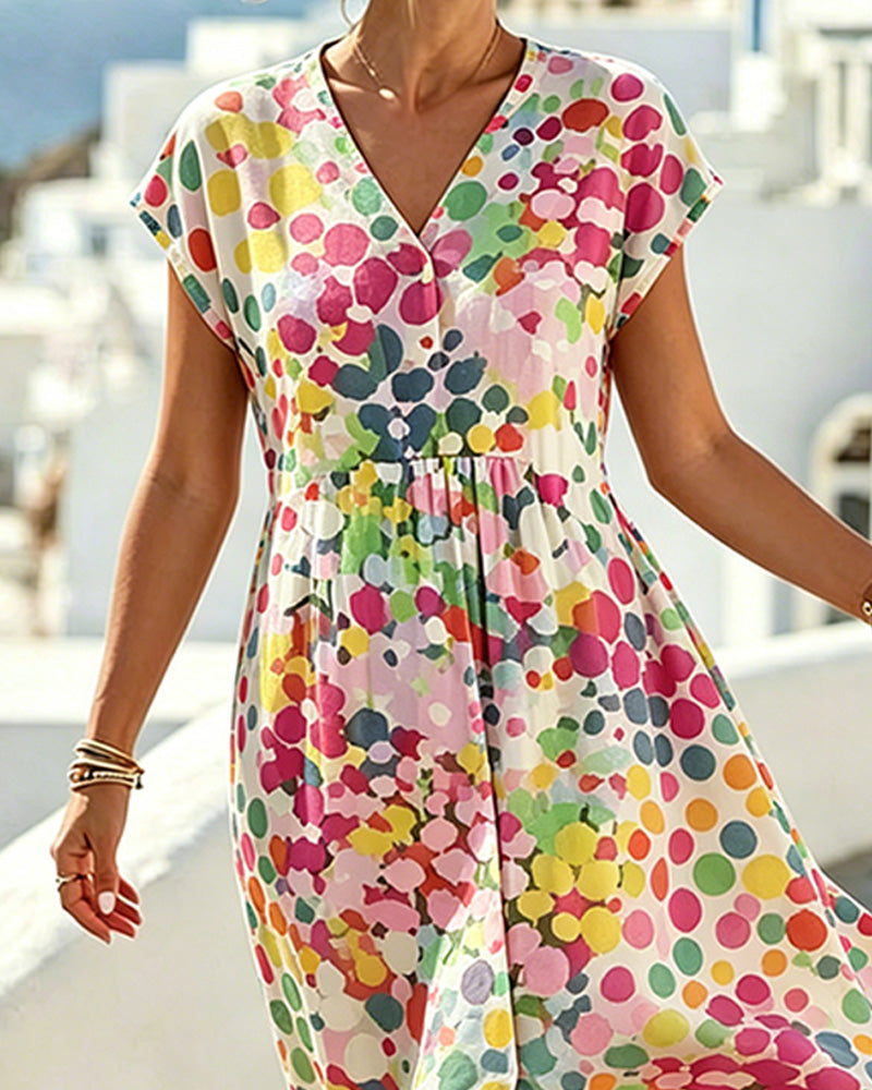 Vestido para mujer con estampado de lunares multicolor y escote en V