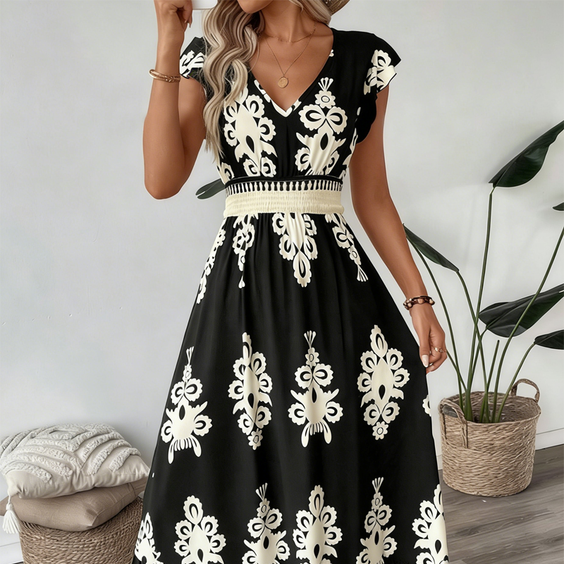 Vestido largo para mujer con estampado barroco y escote en V