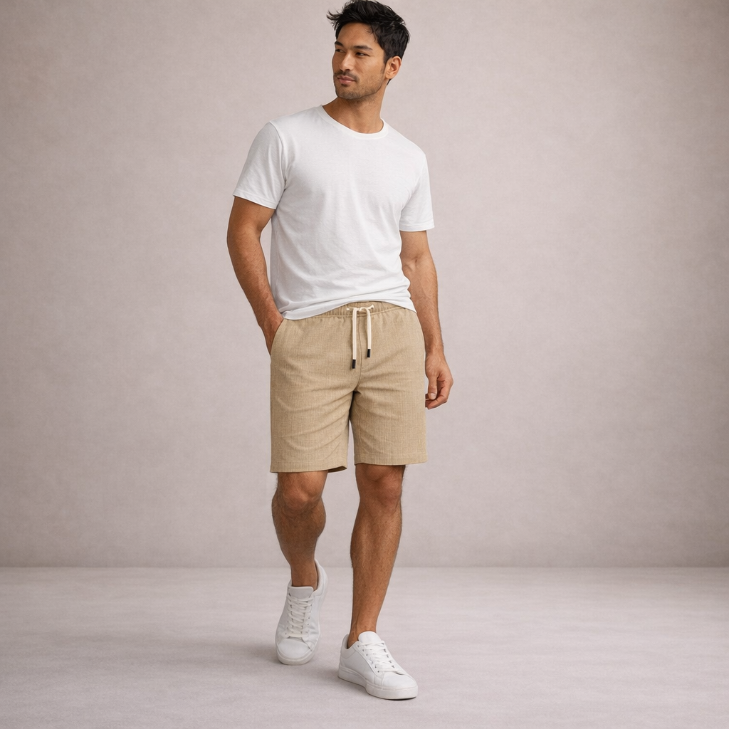 Pantalón corto lino poliéster hombre con cordón verano casual