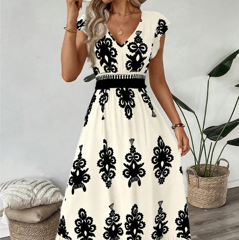 Vestido largo para mujer con estampado barroco y escote en V