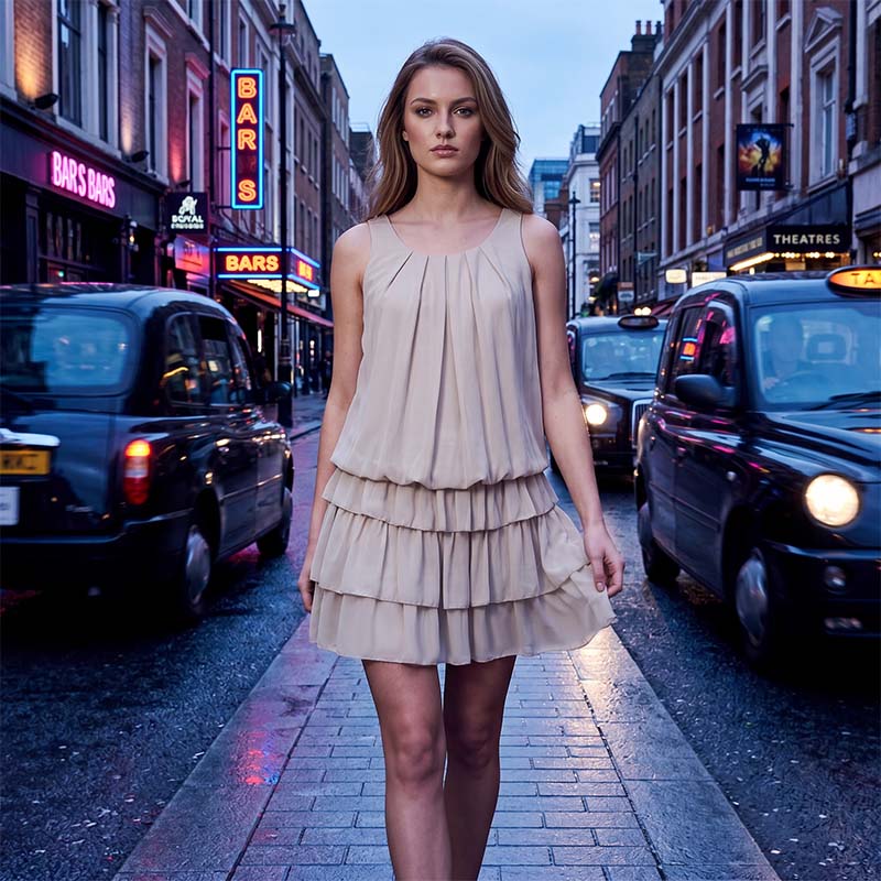 Vestido midi para mujeres con volantes y escote redondo