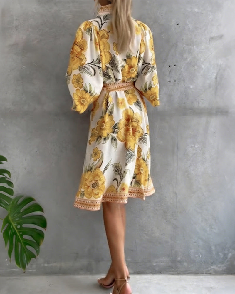 Vestido elegante de flores para mujer con mangas farol y botones