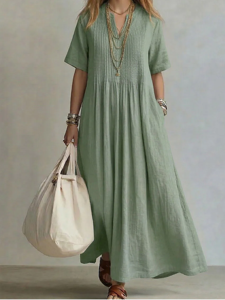 Vestido maxi mujer fluido con pliegues y escote en V