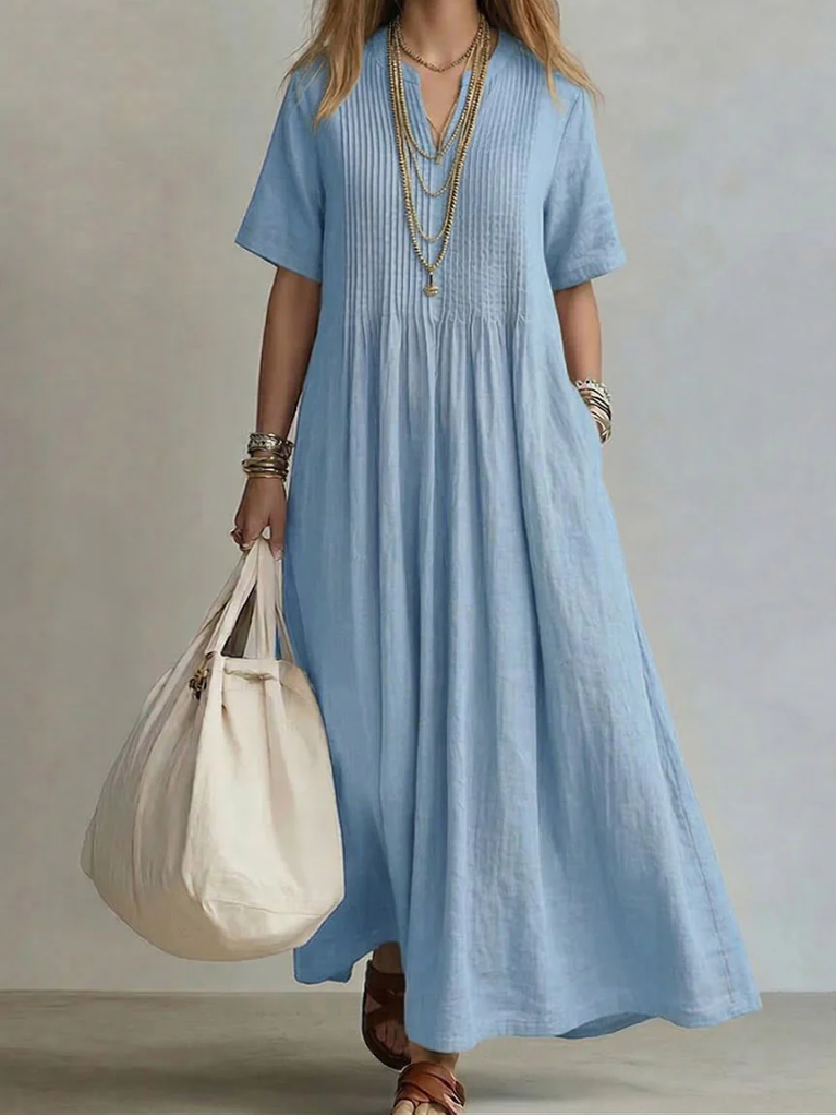 Vestido maxi mujer fluido con pliegues y escote en V