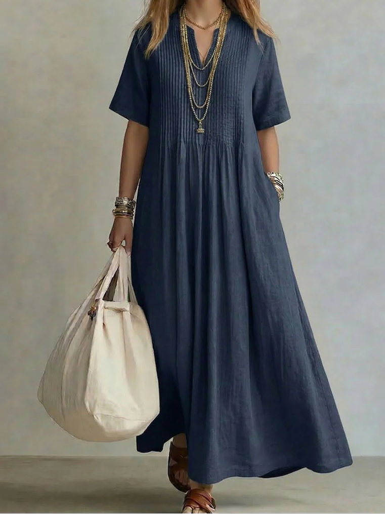 Vestido maxi mujer fluido con pliegues y escote en V